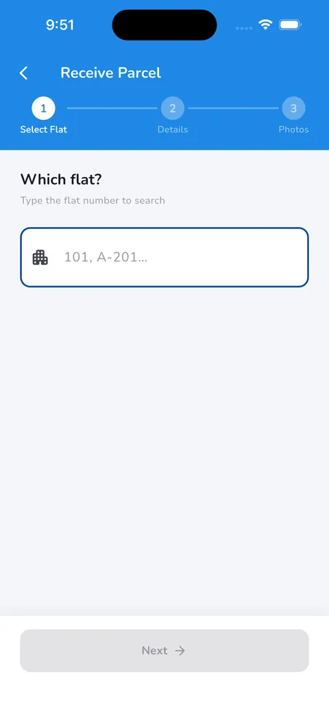 Receiving a parcel: pick the flat, add details, add photos.