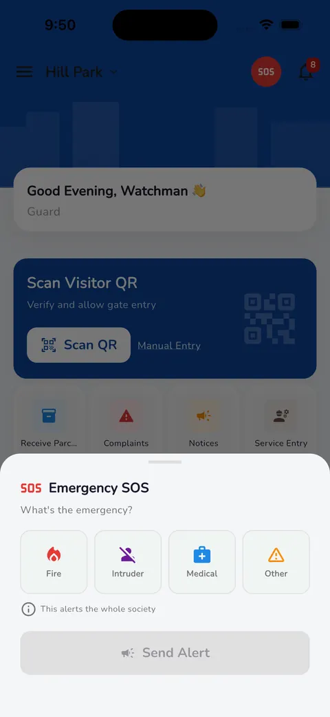The guard's home screen with the SOS sheet: fire, intruder, medical or other.